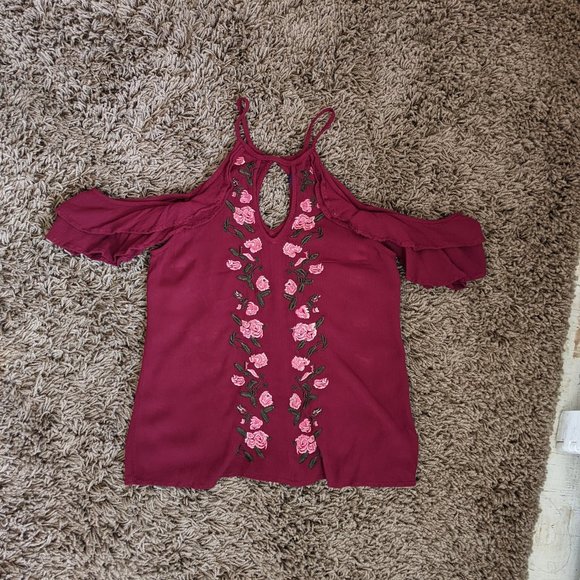 Red Maroon Open Shoulder Top Made in Italy Blue Rain Floral Embroidered Women XS - Picture 1 of 6